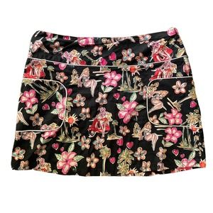 Angie Womens Sz L Floral Pockets Pull On Mini Skirt Hawaiian Girls Black Stretch